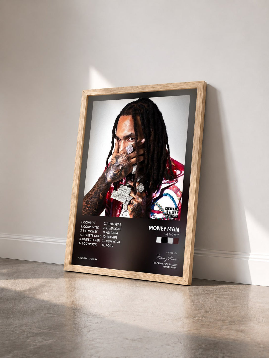 #bois Tableau de l'album Big Money de Money Man vu de trois quarts, cadre en bois brut