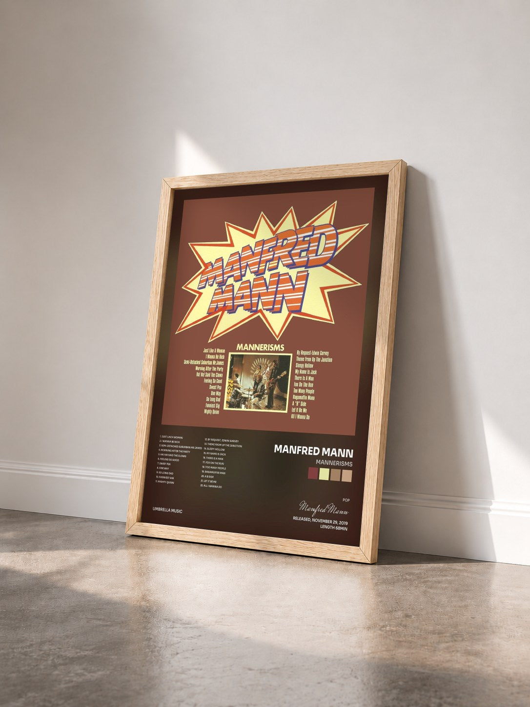 #bois Tableau de l'album Mannerisms de Manfred Mann vu de trois quarts, cadre en bois brut