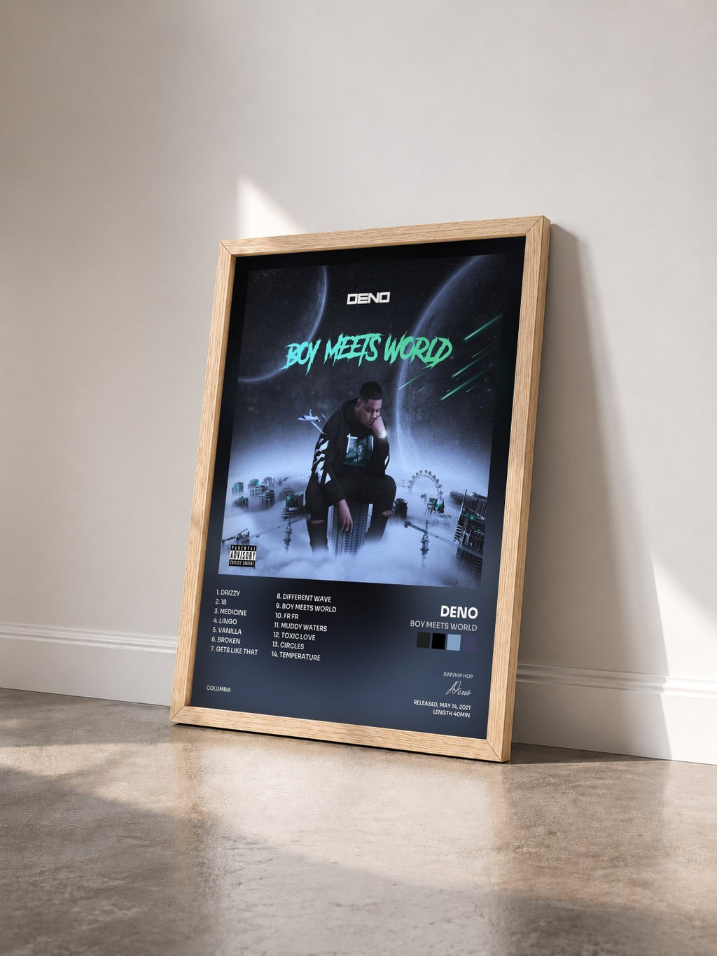 #bois Tableau de l'album Boy Meets World de Deno vu de trois quarts, cadre en bois brut