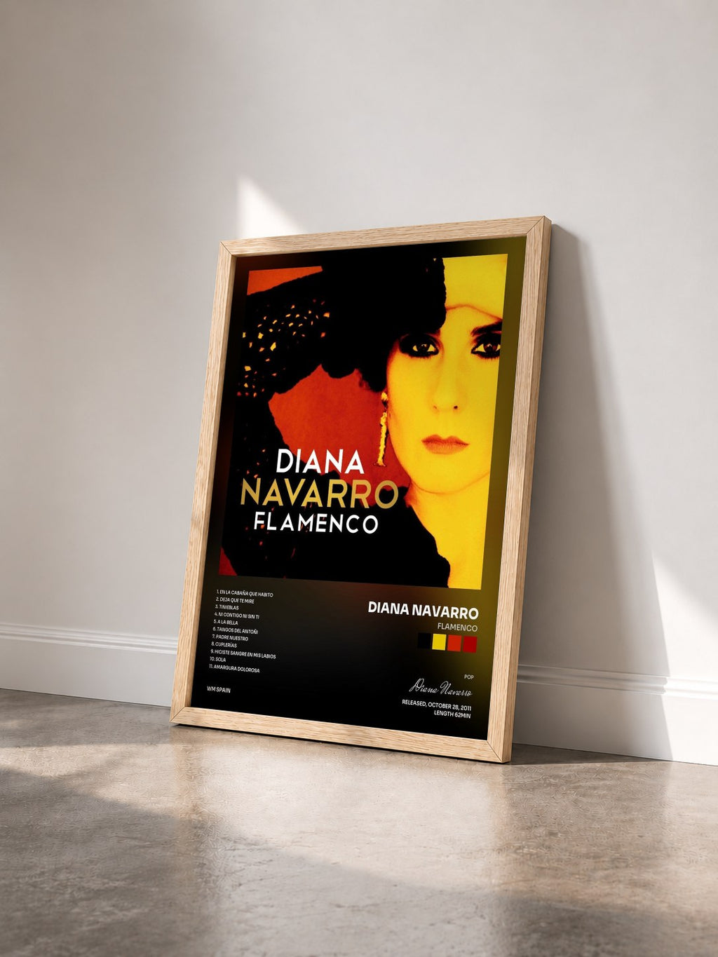 #bois Tableau de l'album Flamenco de Diana Navarro vu de trois quarts, cadre en bois brut