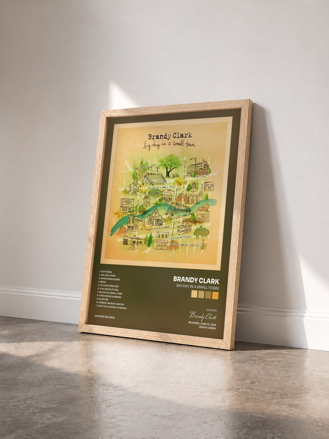 #bois Tableau de l'album Big Day in a Small Town de Brandy Clark vu de trois quarts, cadre en bois brut