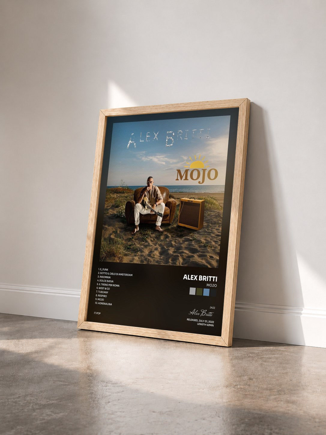 #bois Tableau de l'album Mojo de Alex Britti vu de trois quarts, cadre en bois brut