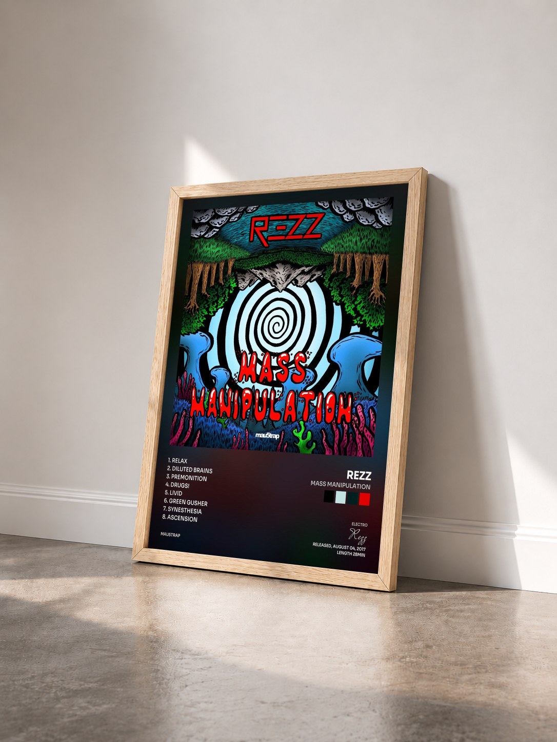 #bois Tableau de l'album Mass Manipulation de Rezz vu de trois quarts, cadre en bois brut