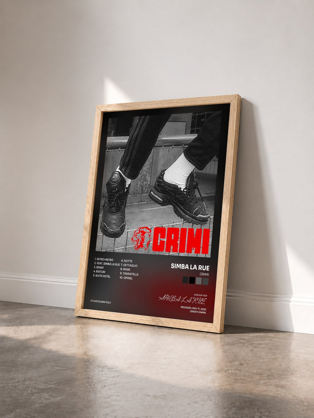 #bois Tableau de l'album CRIMI de SIMBA LA RUE vu de trois quarts, cadre en bois brut