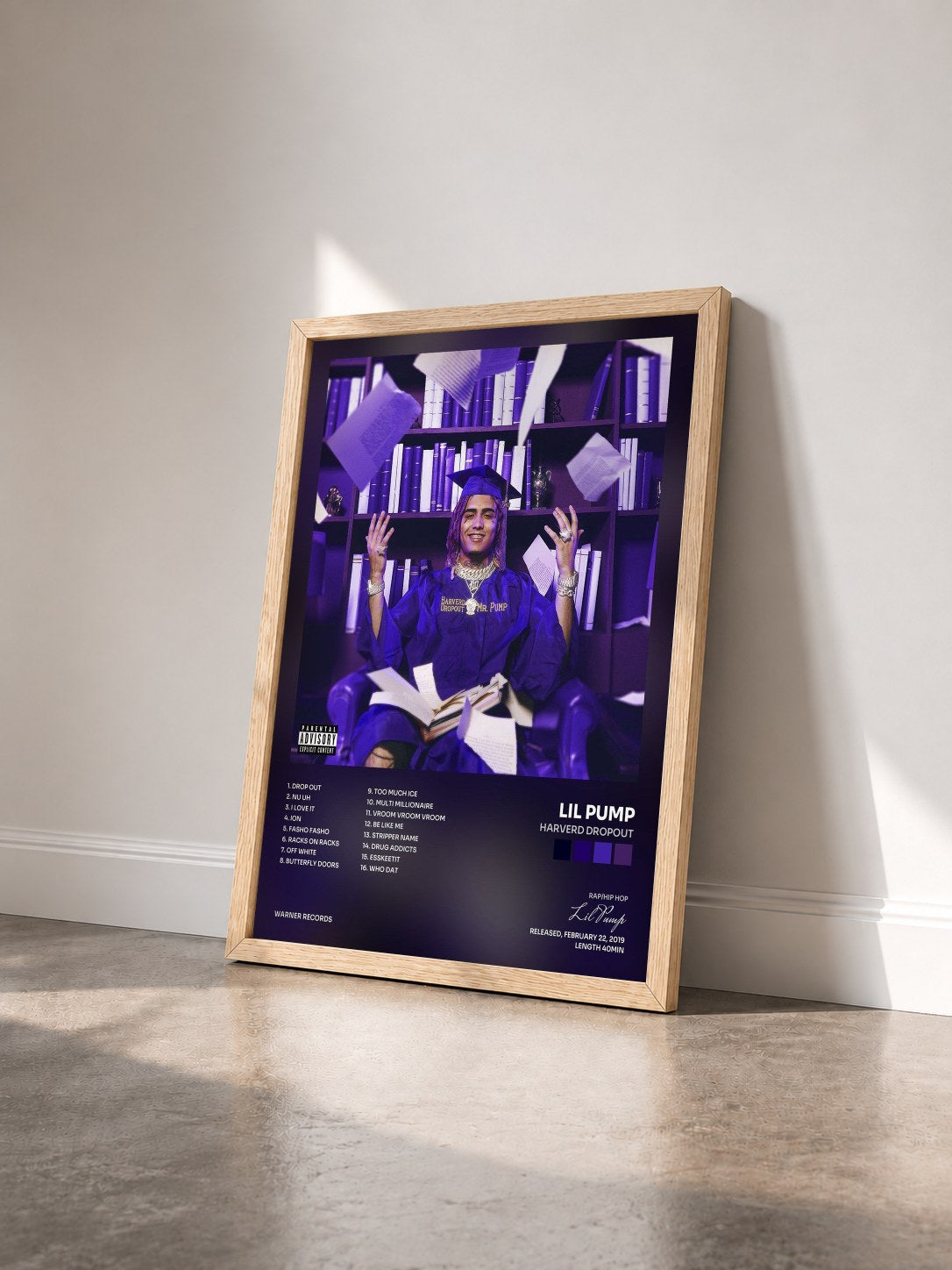 #bois Tableau de l'album Harverd Dropout de Lil Pump vu de trois quarts, cadre en bois brut