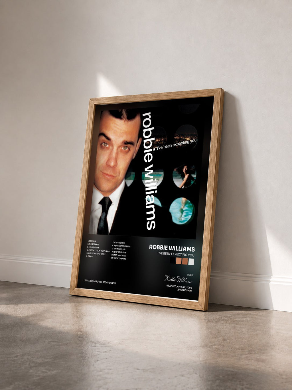 #bois Tableau de l'album I've Been Expecting You de Robbie Williams vu de trois quarts, cadre en bois brut