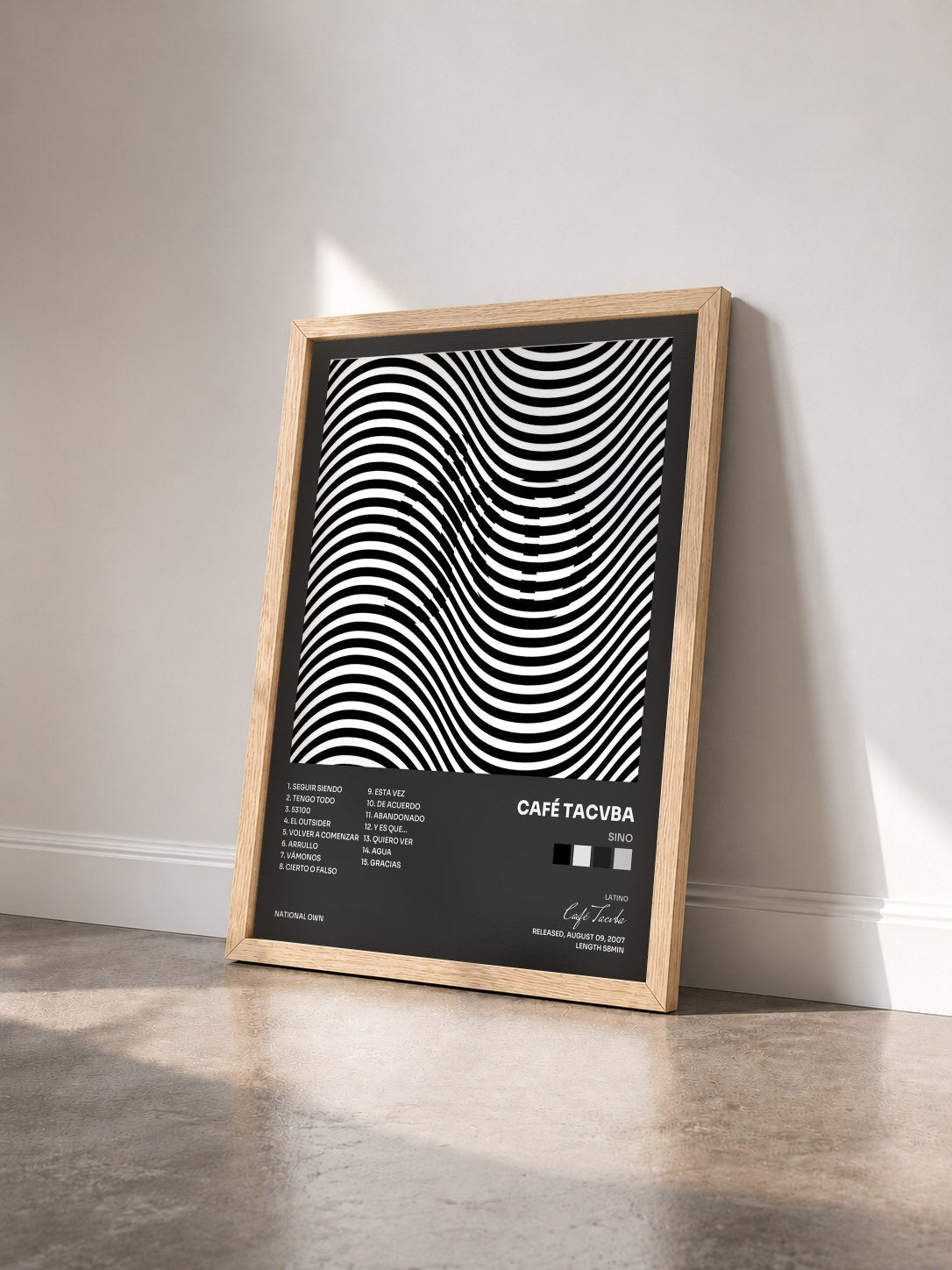 #bois Tableau de l'album SINO de Café Tacvba vu de trois quarts, cadre en bois brut