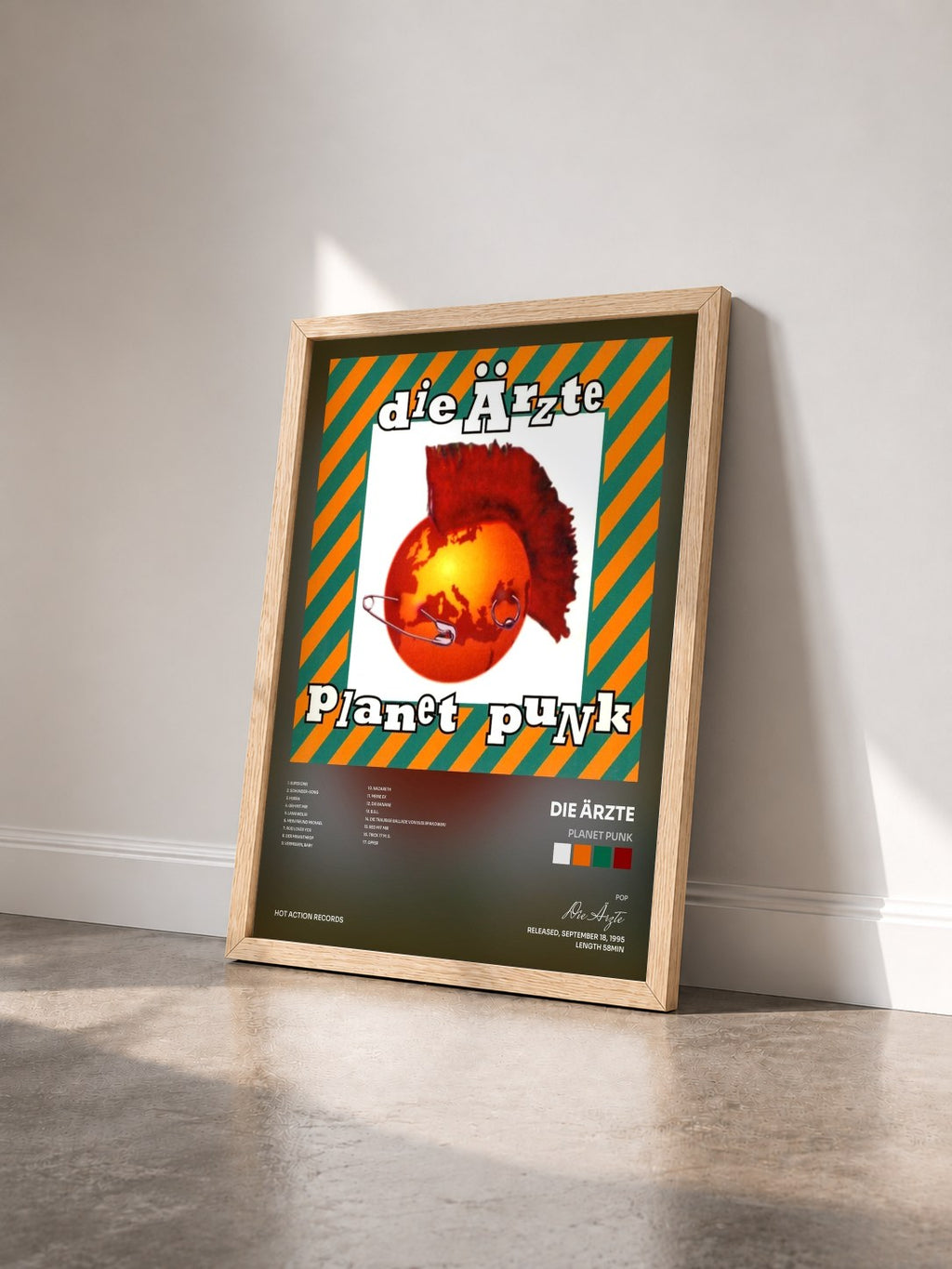 #bois Tableau de l'album Planet Punk de Die Ärzte vu de trois quarts, cadre en bois brut