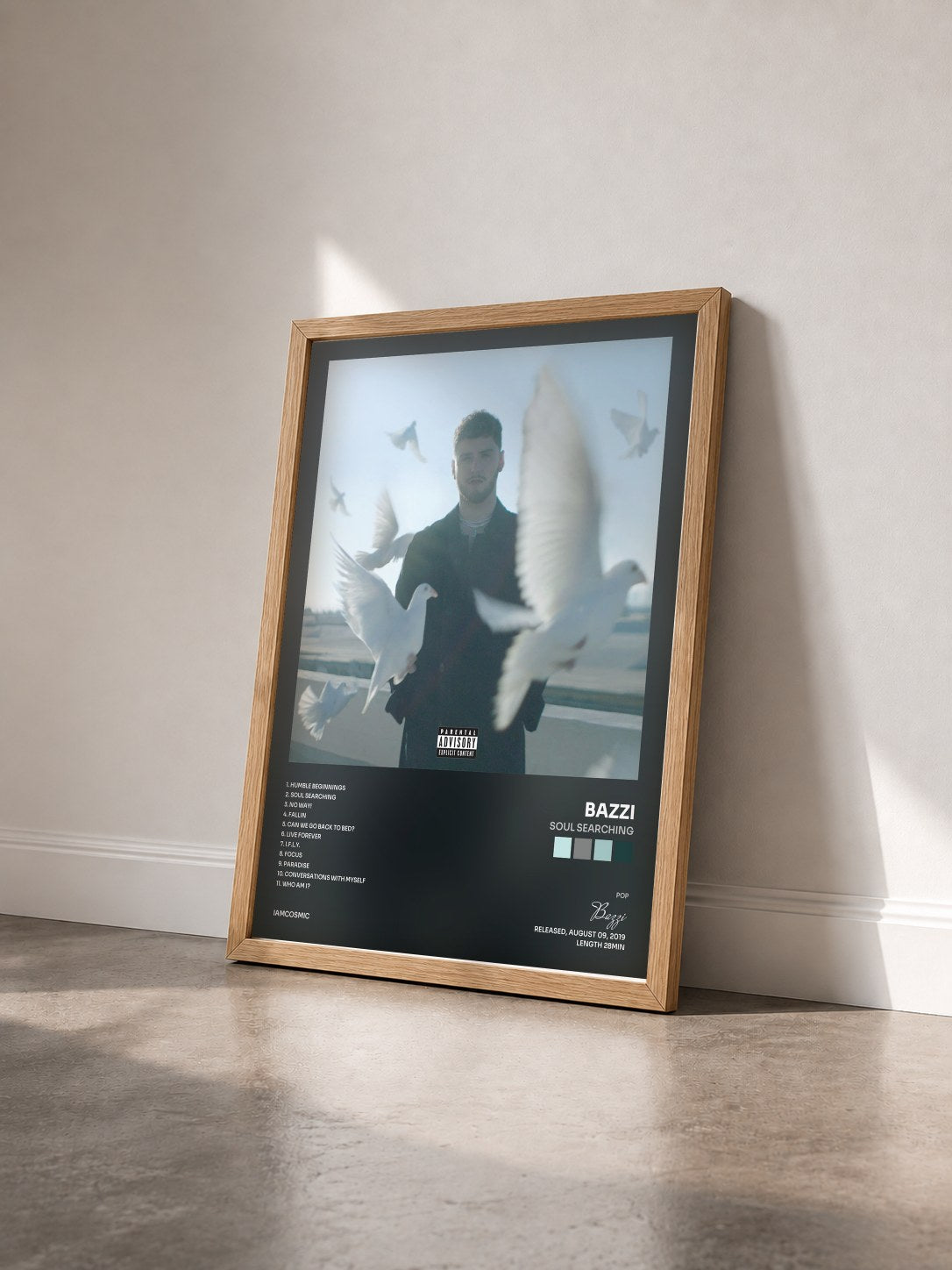 #bois Tableau de l'album Soul Searching de Bazzi vu de trois quarts, cadre en bois brut