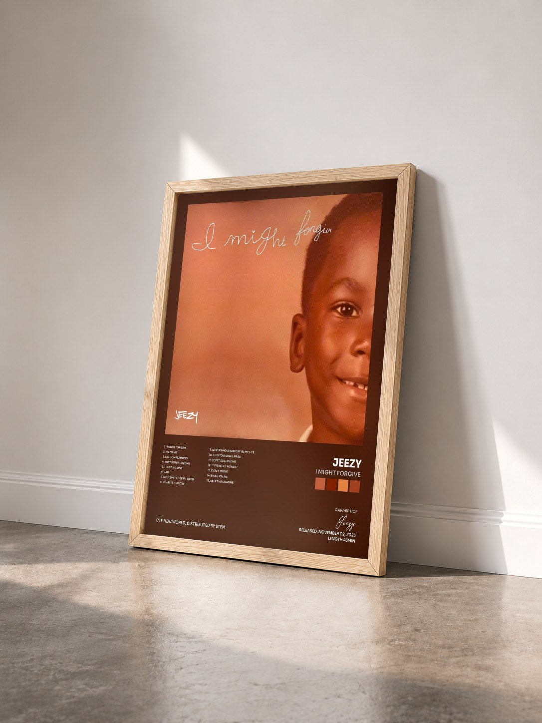 #bois Tableau de l'album I Might Forgive de Jeezy vu de trois quarts, cadre en bois brut