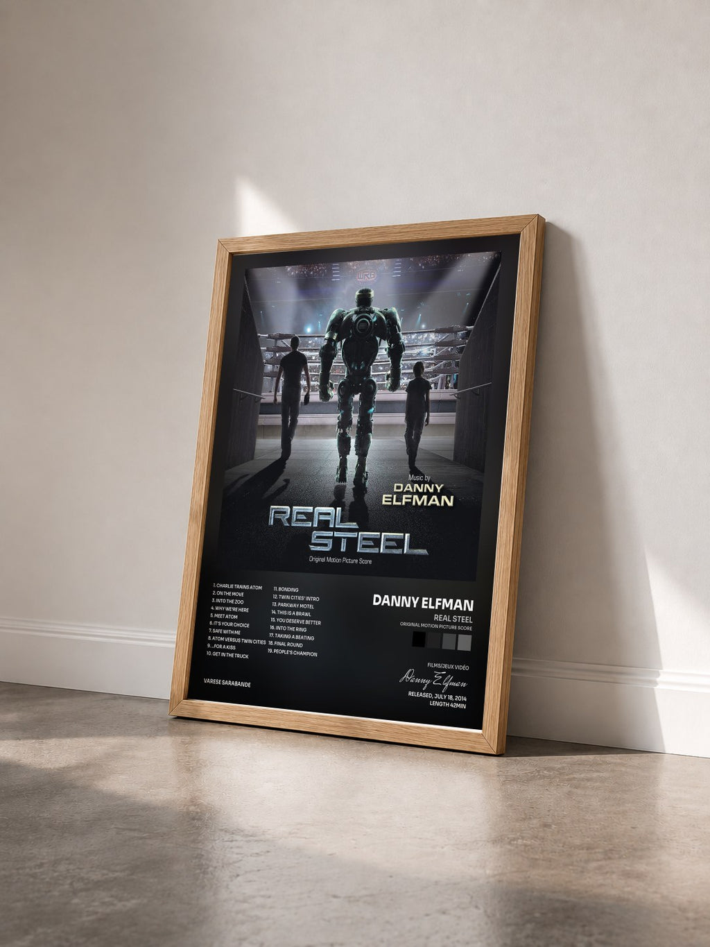 #bois Tableau de l'album Real Steel (Original Motion Picture Score) de Danny Elfman vu de trois quarts, cadre en bois brut