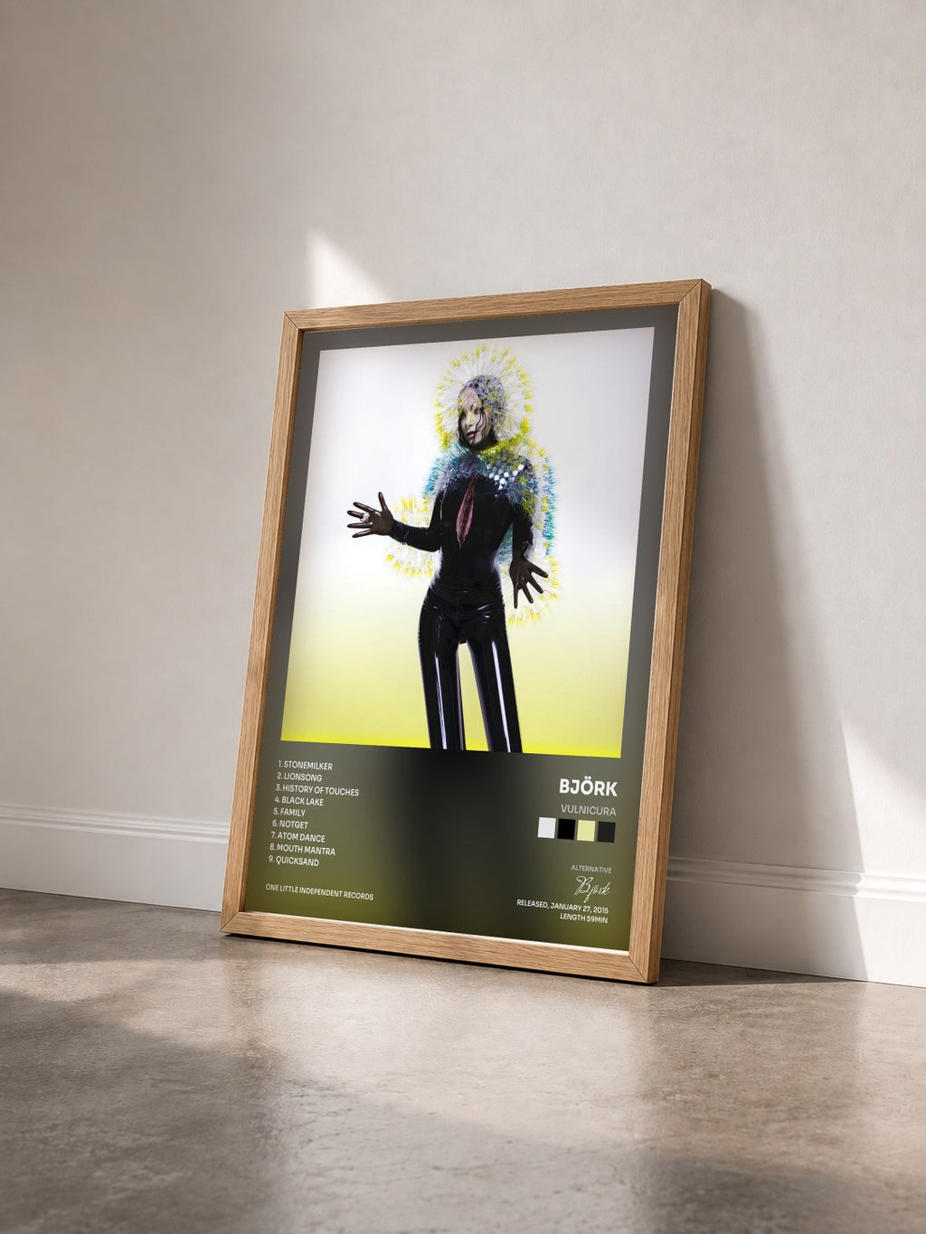 #bois Tableau de l'album Vulnicura de Björk vu de trois quarts, cadre en bois brut