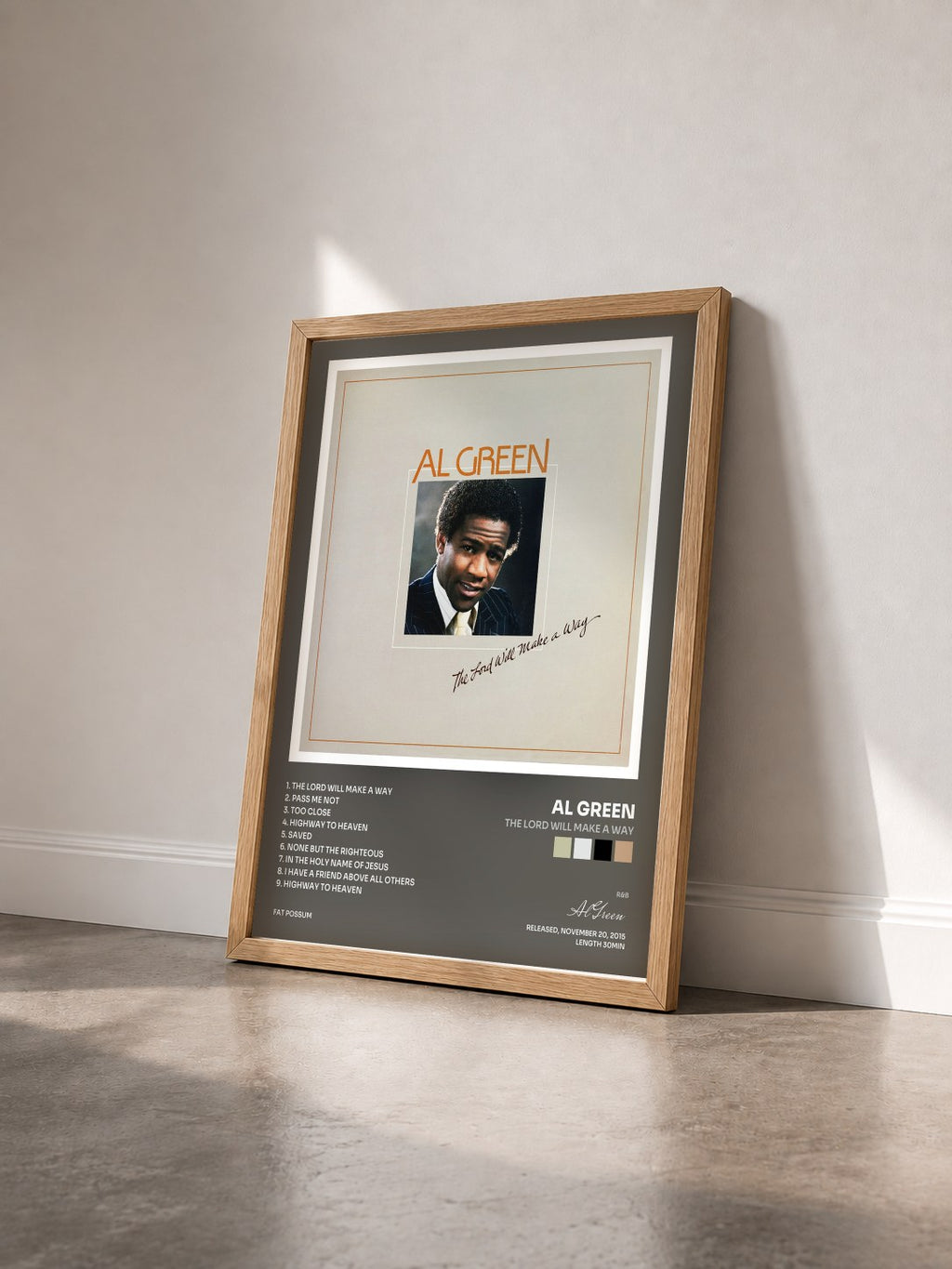 #bois Tableau de l'album The Lord Will Make a Way de Al Green vu de trois quarts, cadre en bois brut