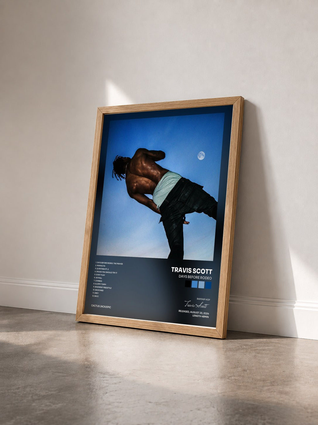 #bois Tableau de l'album DAYS BEFORE RODEO de Travis Scott vu de trois quarts, cadre en bois brut