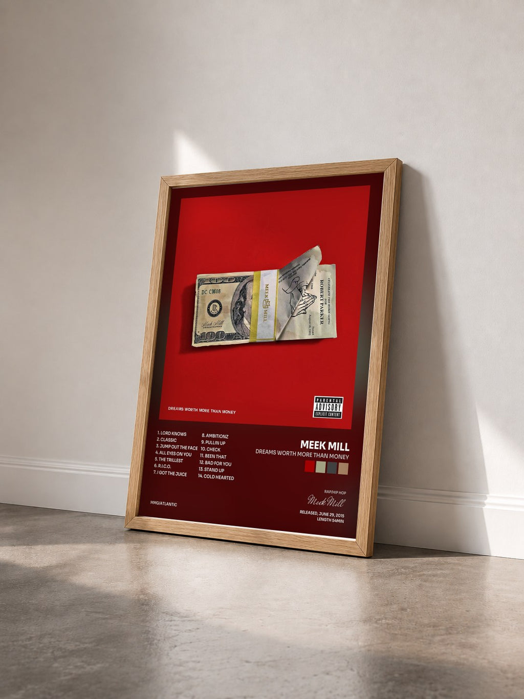 #bois Tableau de l'album Dreams Worth More Than Money de Meek Mill vu de trois quarts, cadre en bois brut