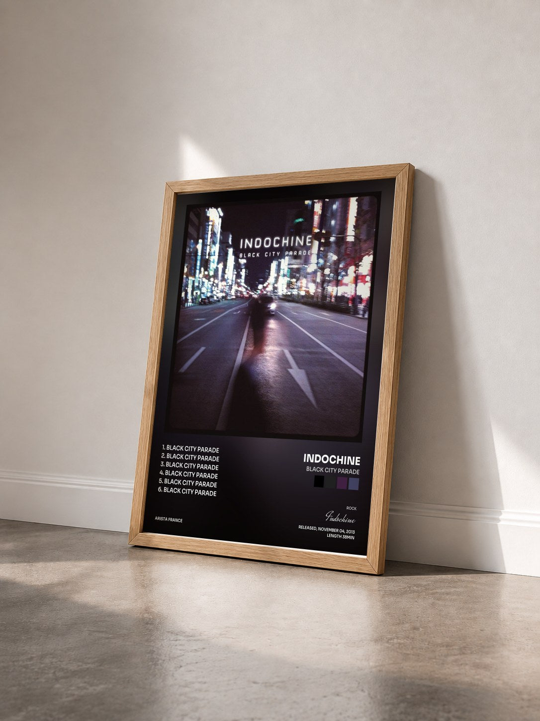 #bois Tableau de l'album Black City Parade de Indochine vu de trois quarts, cadre en bois brut