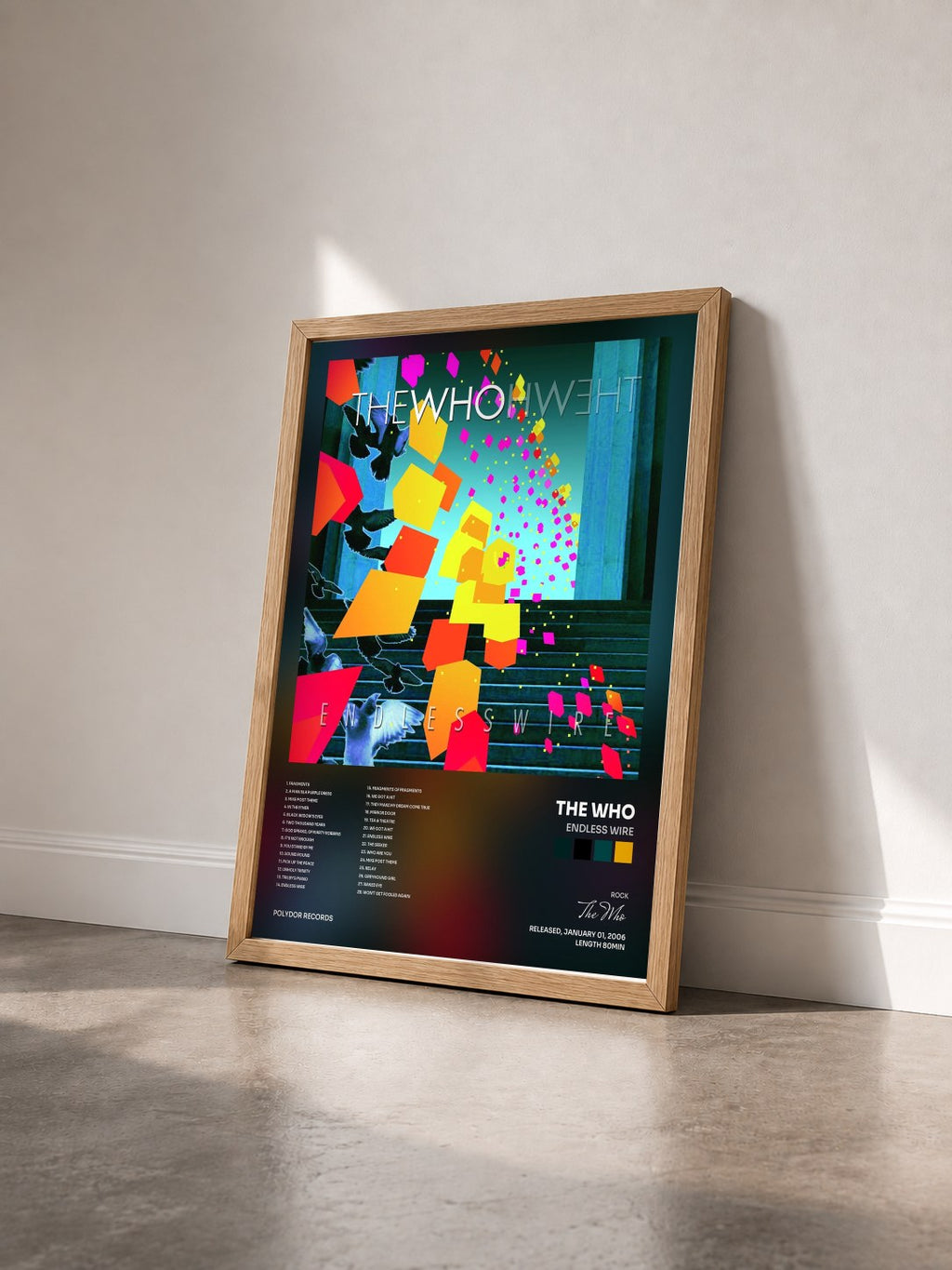 #bois Tableau de l'album Endless Wire de The Who vu de trois quarts, cadre en bois brut