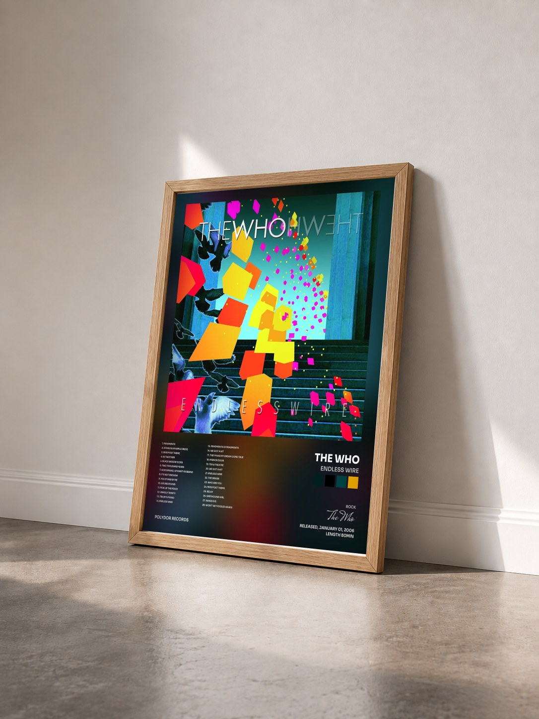 #bois Tableau de l'album Endless Wire de The Who vu de trois quarts, cadre en bois brut
