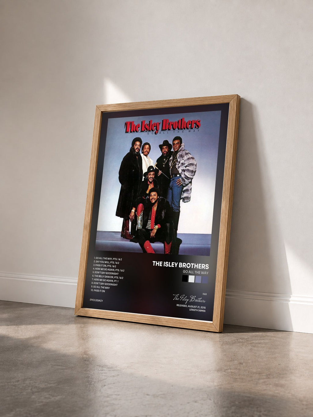 #bois Tableau de l'album Go All the Way de The Isley Brothers vu de trois quarts, cadre en bois brut