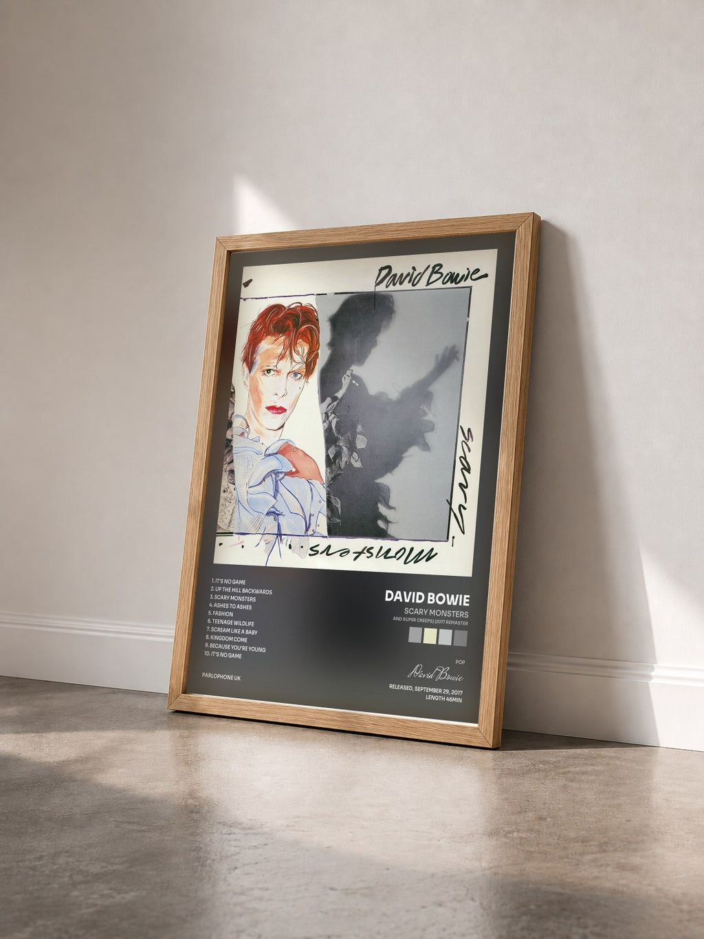 #bois Tableau de l'album Scary Monsters (And Super Creeps) (2017 Remaster) de David Bowie vu de trois quarts, cadre en bois brut