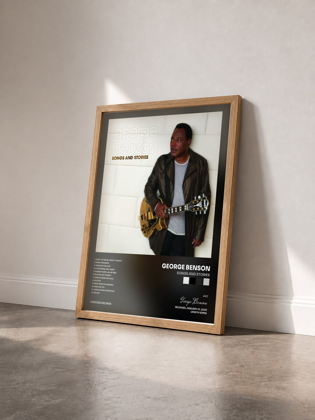 #bois Tableau de l'album Songs and Stories de George Benson vu de trois quarts, cadre en bois brut