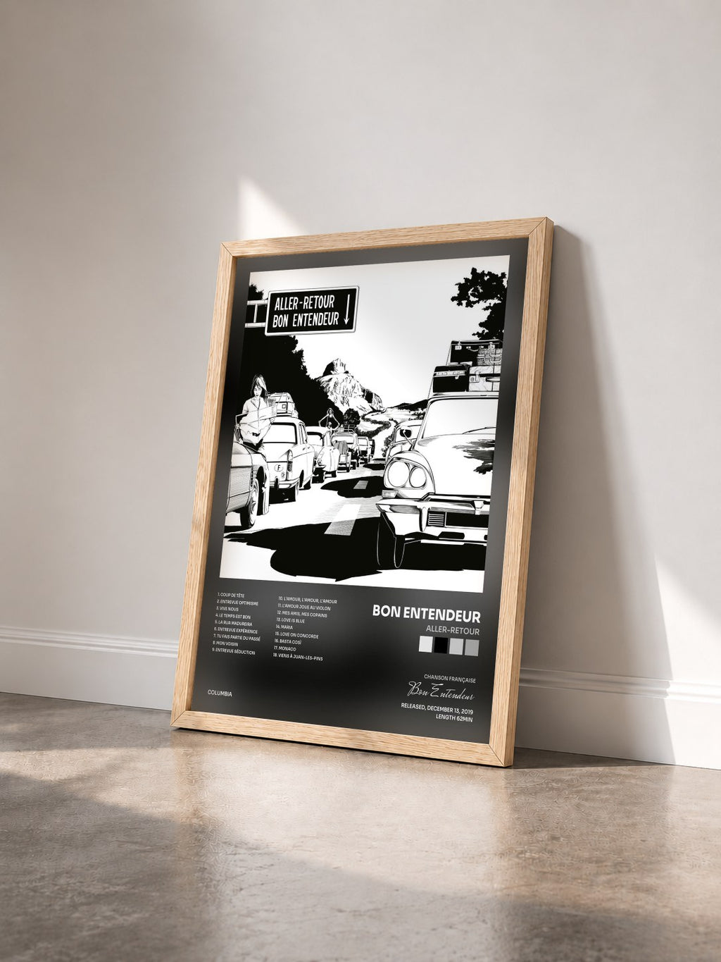#bois Tableau de l'album Aller-retour de Bon Entendeur vu de trois quarts, cadre en bois brut