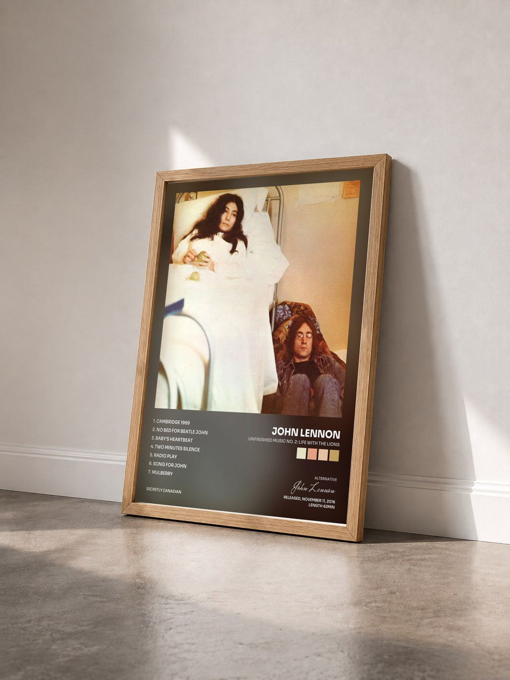#bois Tableau de l'album Unfinished Music No. 2: Life With The Lions de John Lennon vu de trois quarts, cadre en bois brut