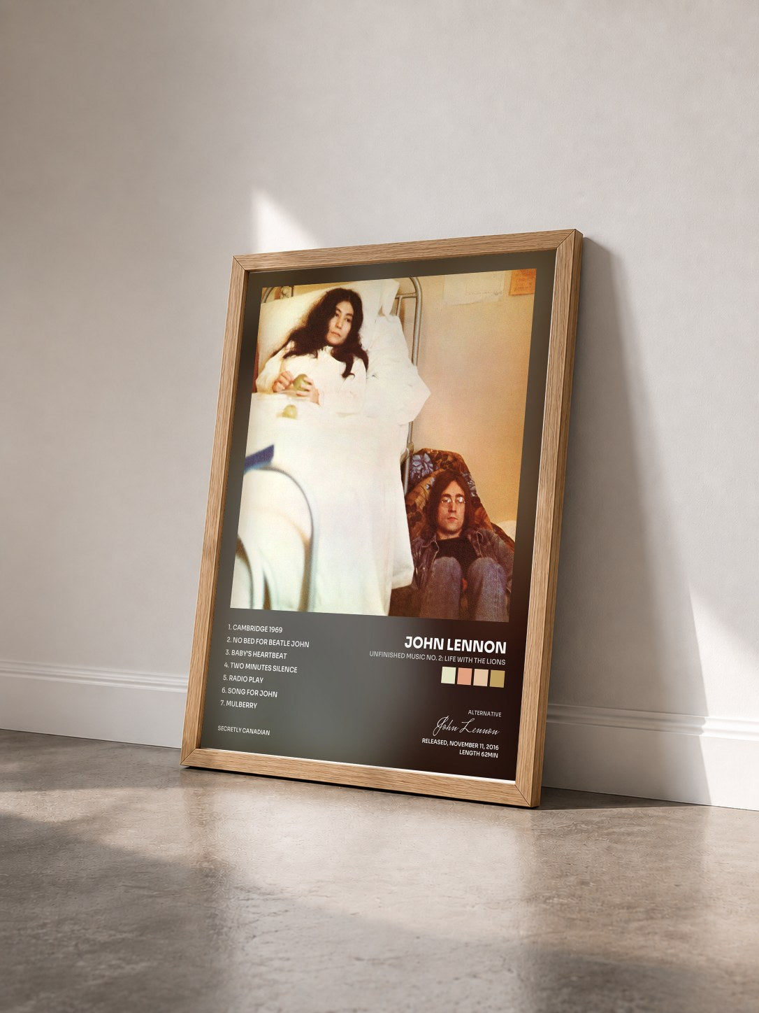 #bois Tableau de l'album Unfinished Music No. 2: Life With The Lions de John Lennon vu de trois quarts, cadre en bois brut