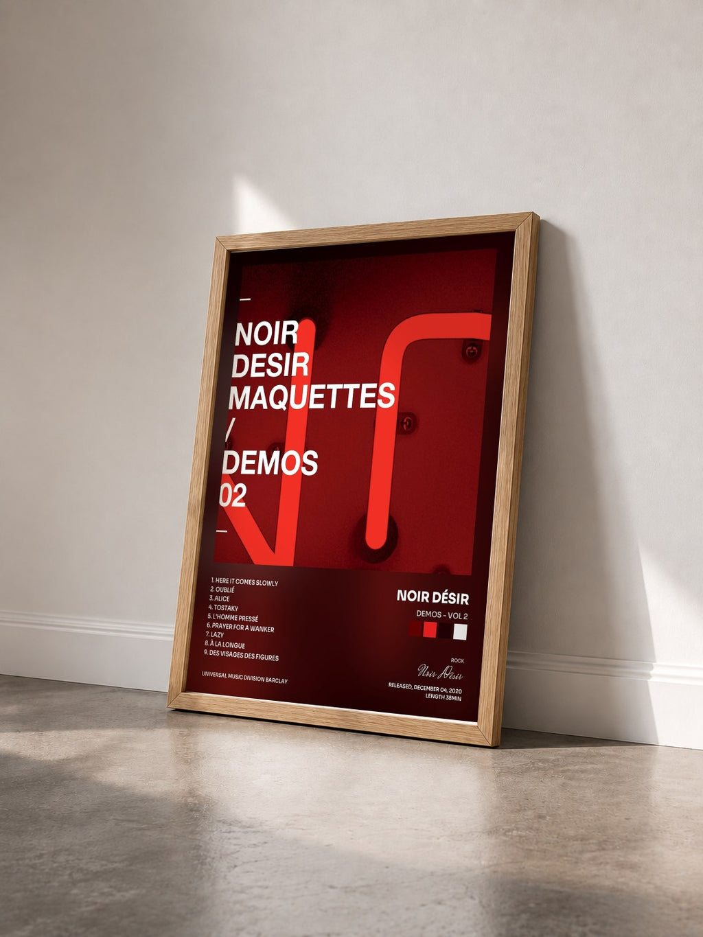 #bois Tableau de l'album Demos - Vol 2 de Noir Désir vu de trois quarts, cadre en bois brut