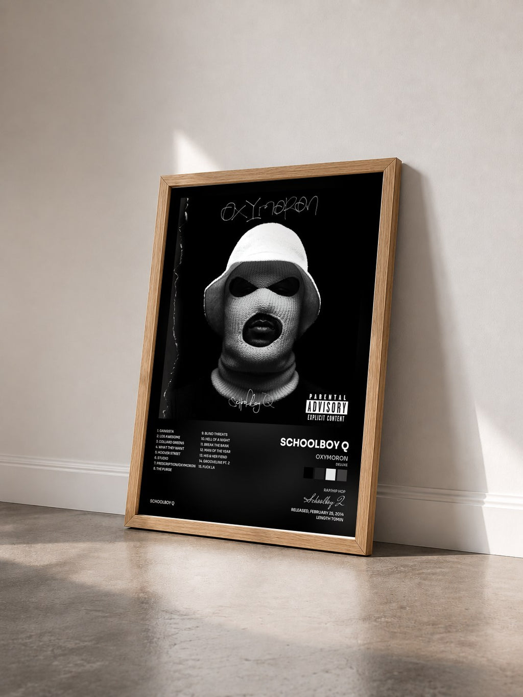 #bois Tableau de l'album Oxymoron (Deluxe) de Schoolboy Q vu de trois quarts, cadre en bois brut