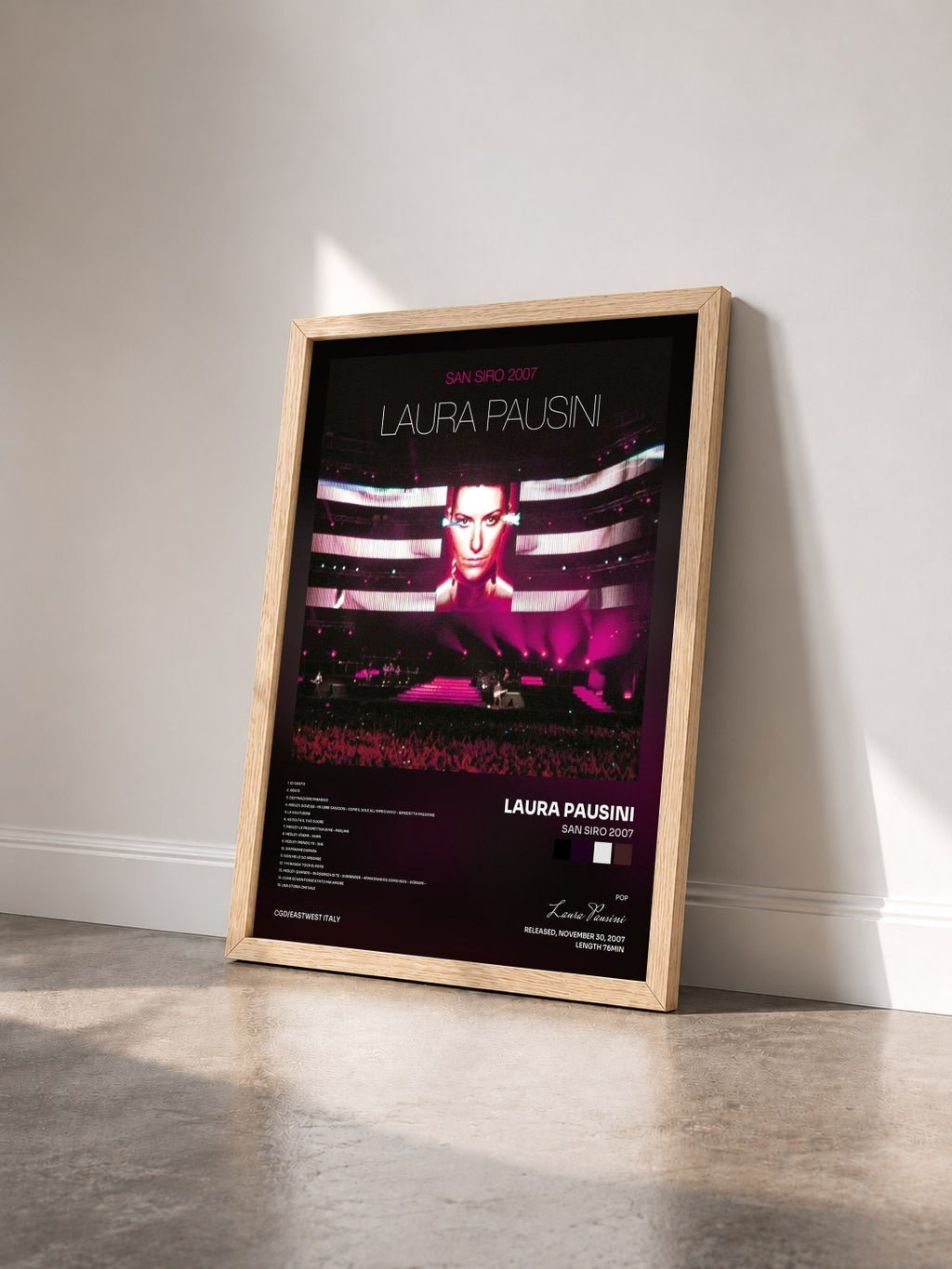 #bois Tableau de l'album San Siro 2007 de Laura Pausini vu de trois quarts, cadre en bois brut