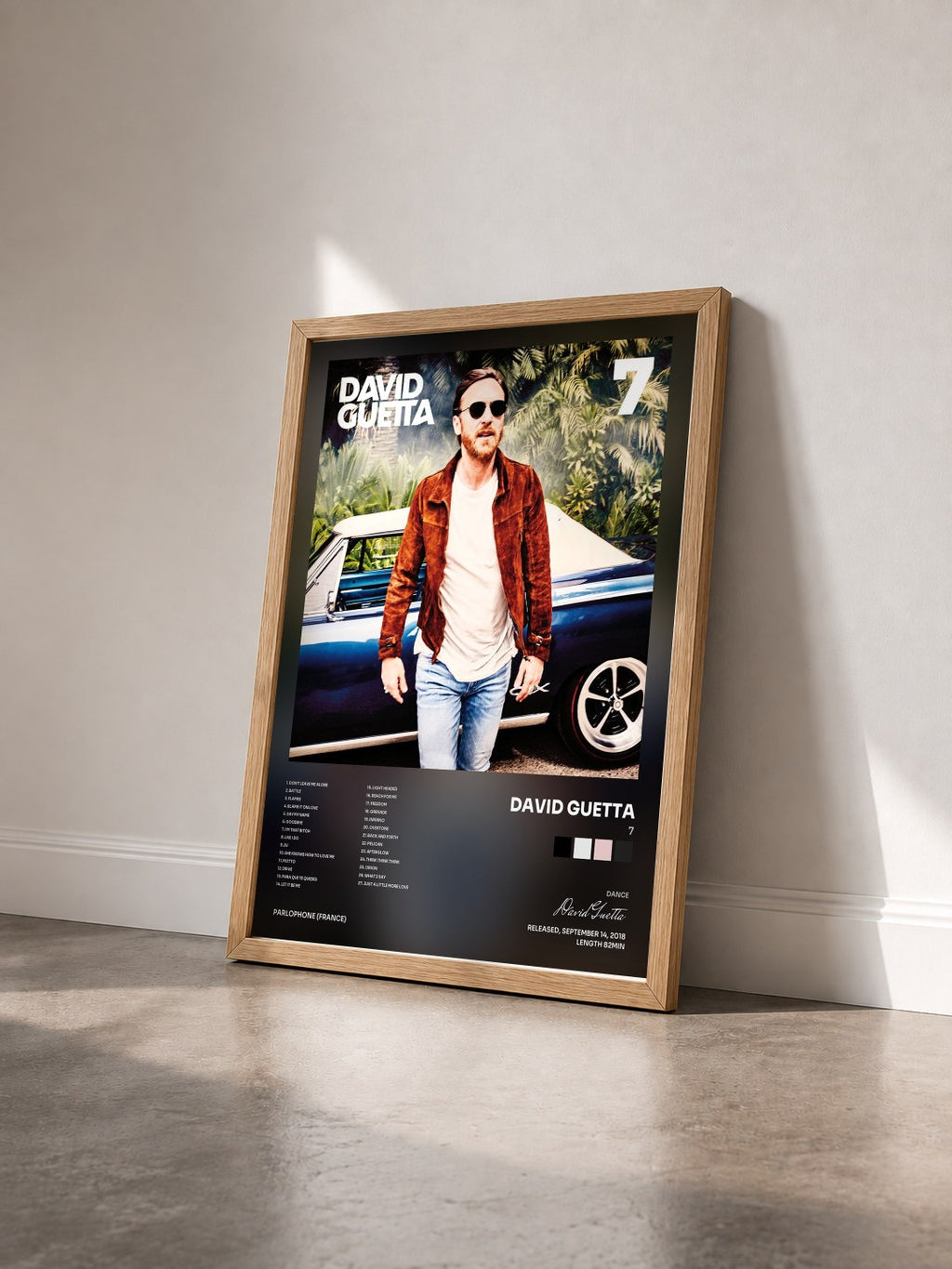 #bois Tableau de l'album 7 de David Guetta vu de trois quarts, cadre en bois brut