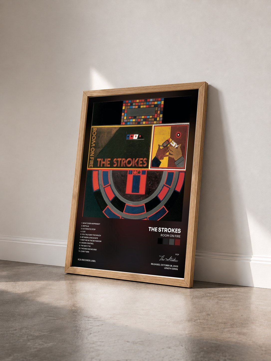 #bois Tableau de l'album Room On Fire de The Strokes vu de trois quarts, cadre en bois brut