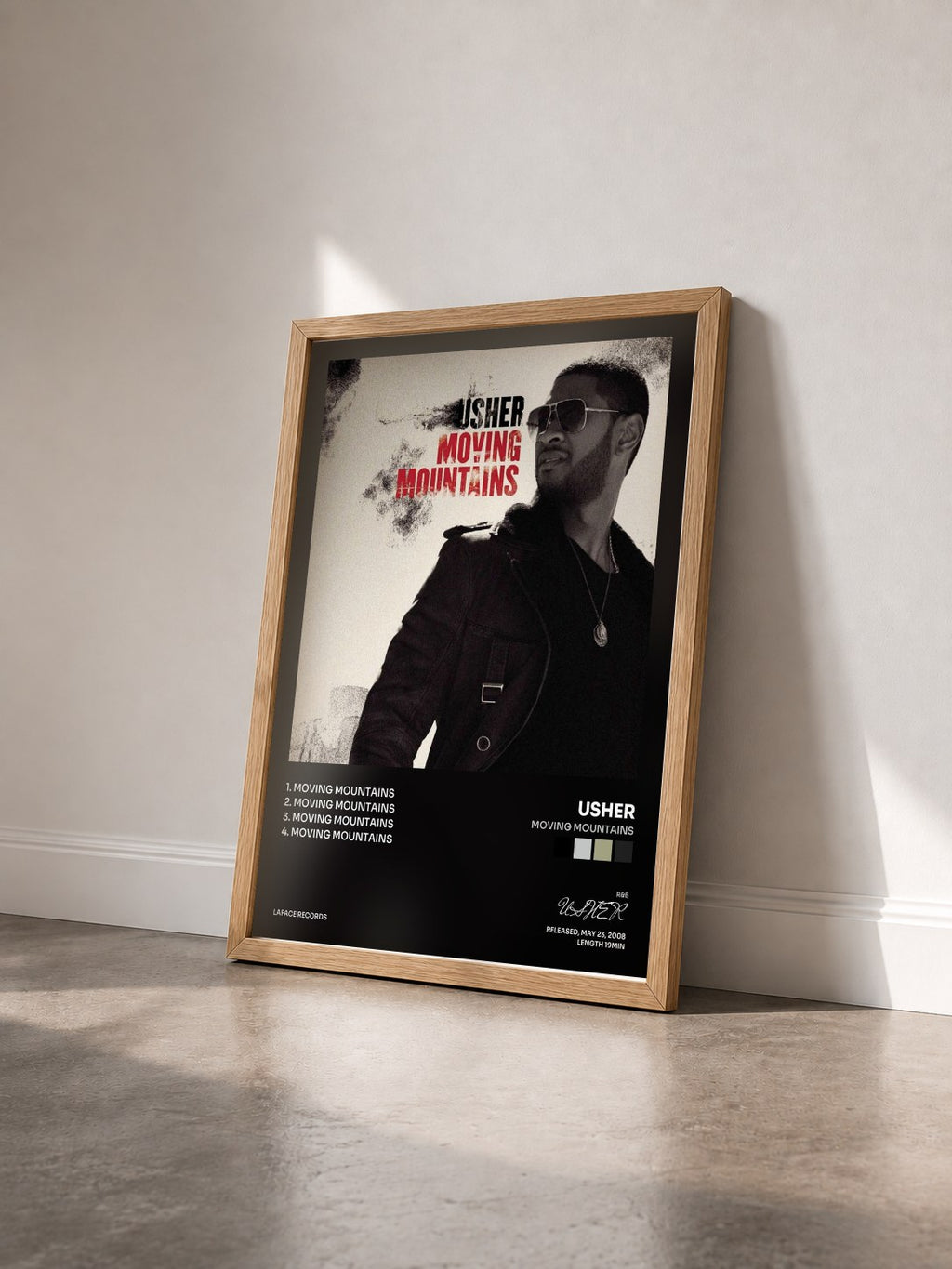 #bois Tableau de l'album Moving Mountains de USHER vu de trois quarts, cadre en bois brut