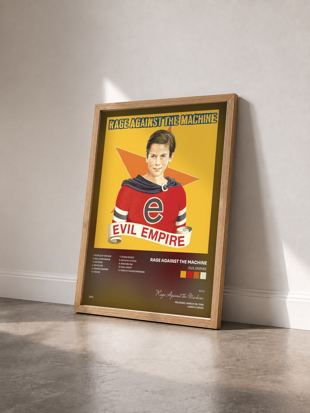 #bois Tableau de l'album Evil Empire de Rage Against the Machine vu de trois quarts, cadre en bois brut