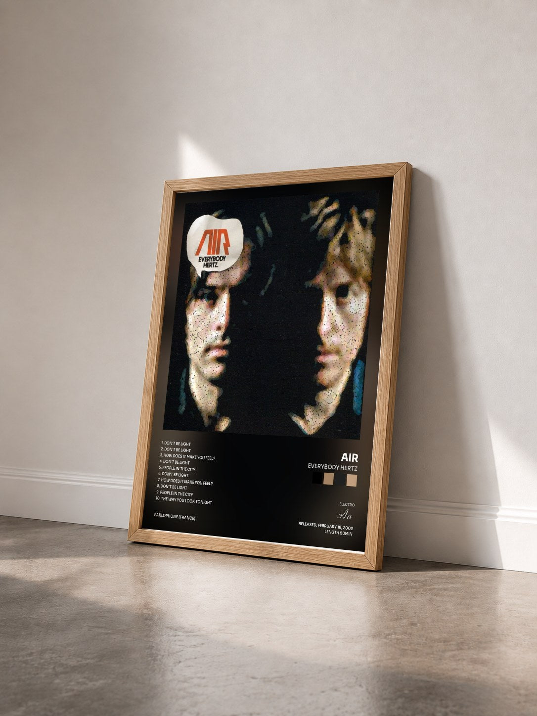 #bois Tableau de l'album Everybody Hertz de Air vu de trois quarts, cadre en bois brut