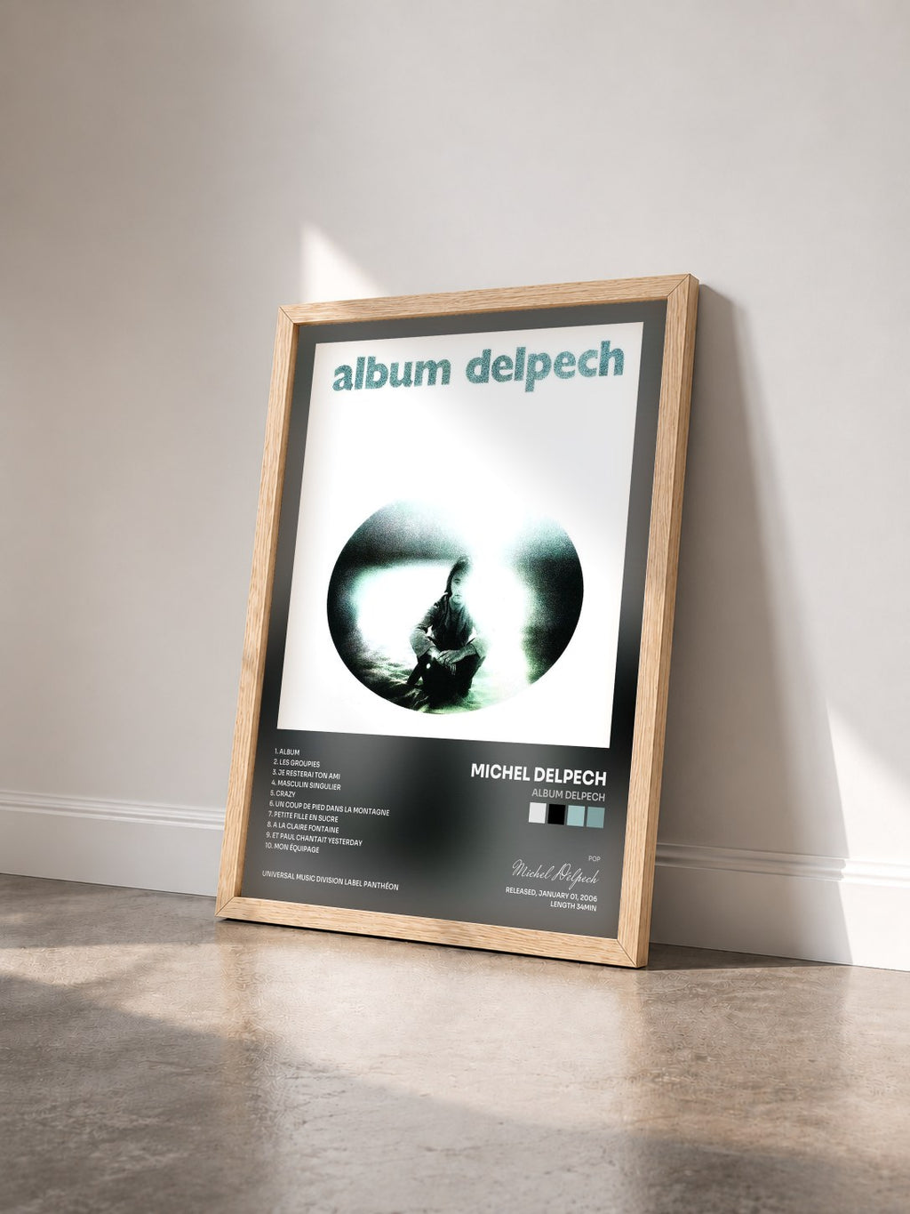 #bois Tableau de l'album Album Delpech de Michel Delpech vu de trois quarts, cadre en bois brut