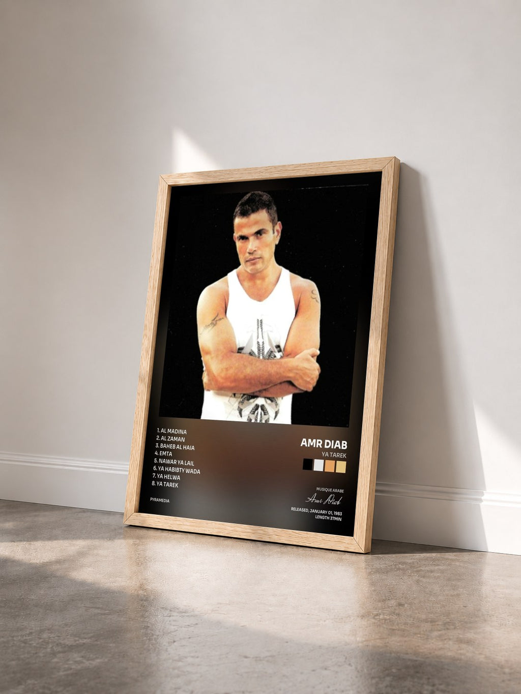 #bois Tableau de l'album Ya Tarek de Amr Diab vu de trois quarts, cadre en bois brut