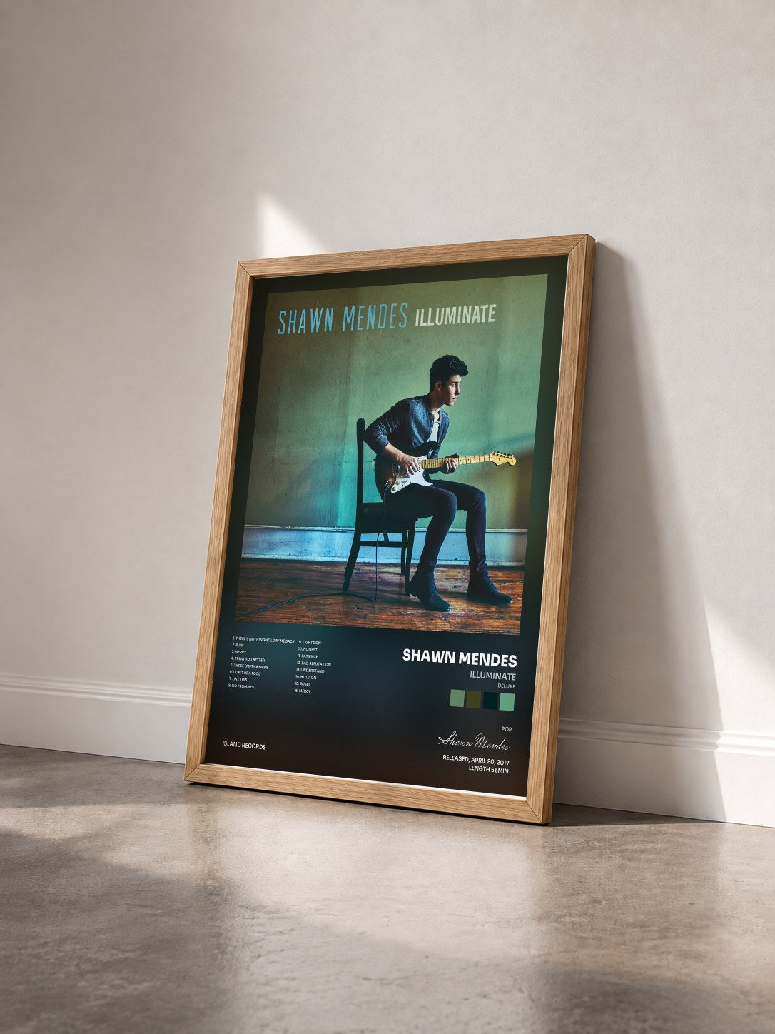 #bois Tableau de l'album Illuminate (Deluxe) de Shawn Mendes vu de trois quarts, cadre en bois brut