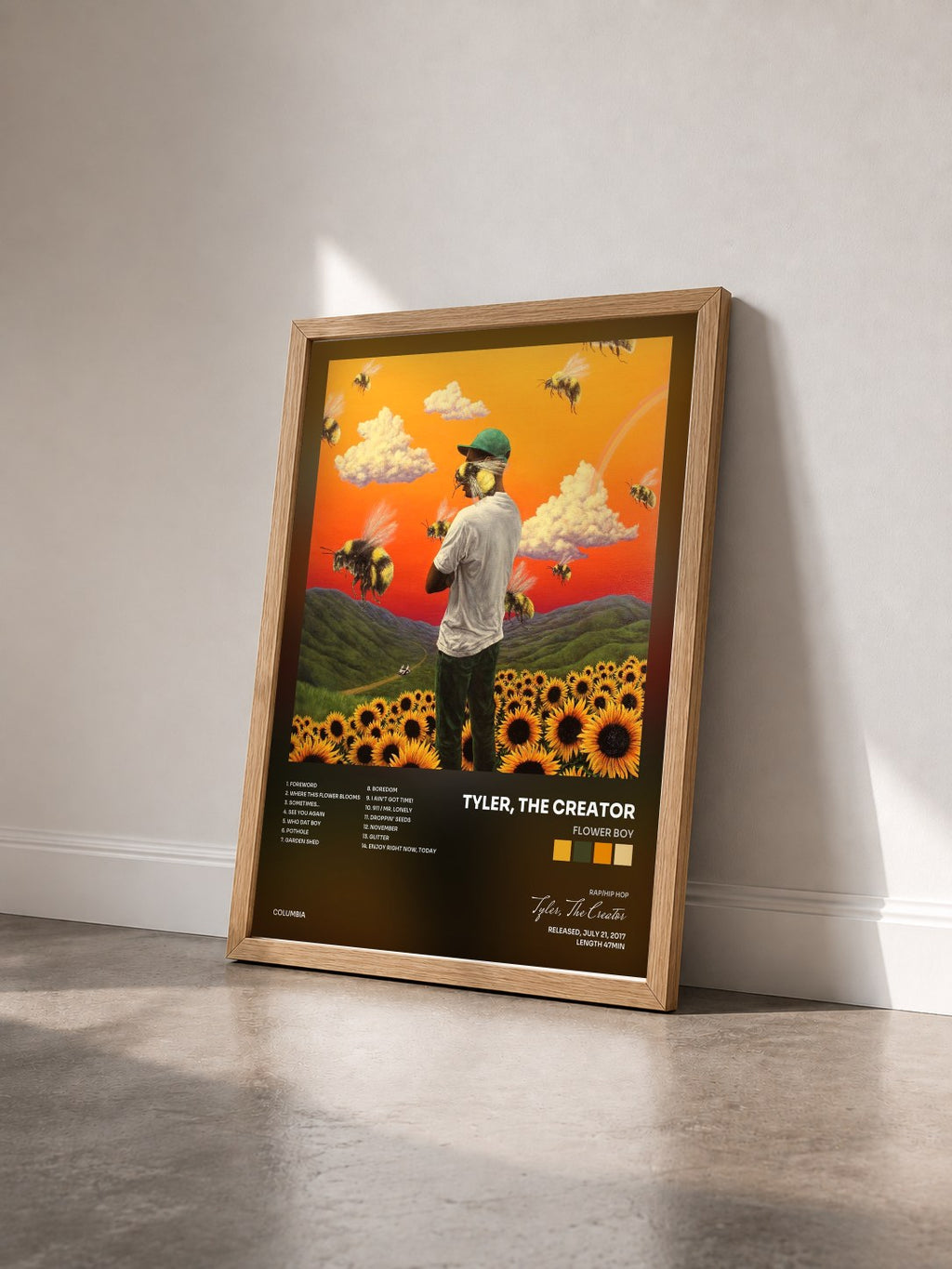 #bois Tableau de l'album Flower Boy de Tyler, The Creator vu de trois quarts, cadre en bois brut