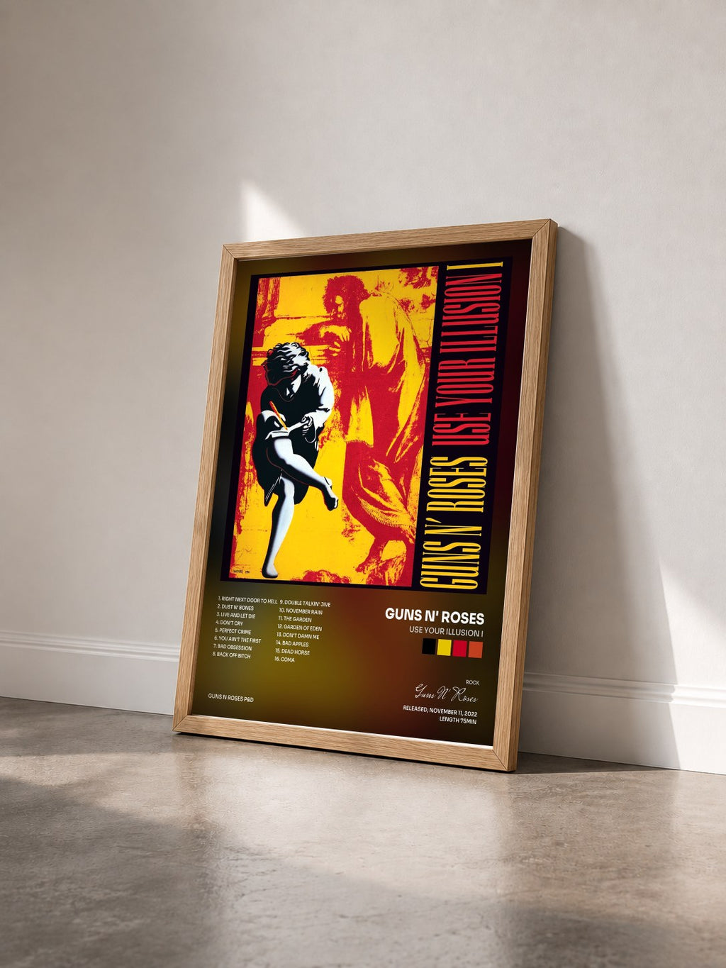 #bois Tableau de l'album Use Your Illusion I de Guns N' Roses vu de trois quarts, cadre en bois brut