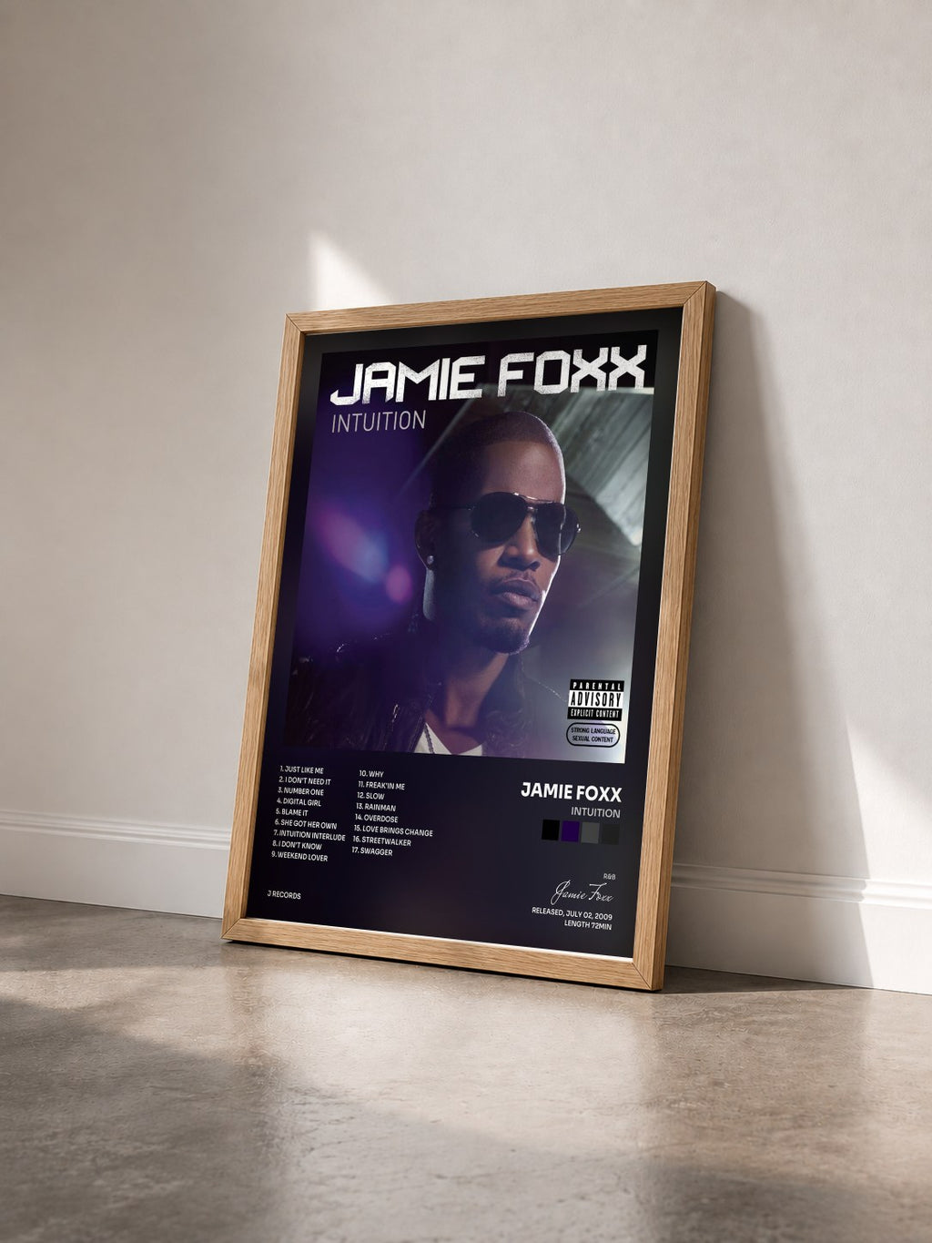 #bois Tableau de l'album Intuition de Jamie Foxx vu de trois quarts, cadre en bois brut