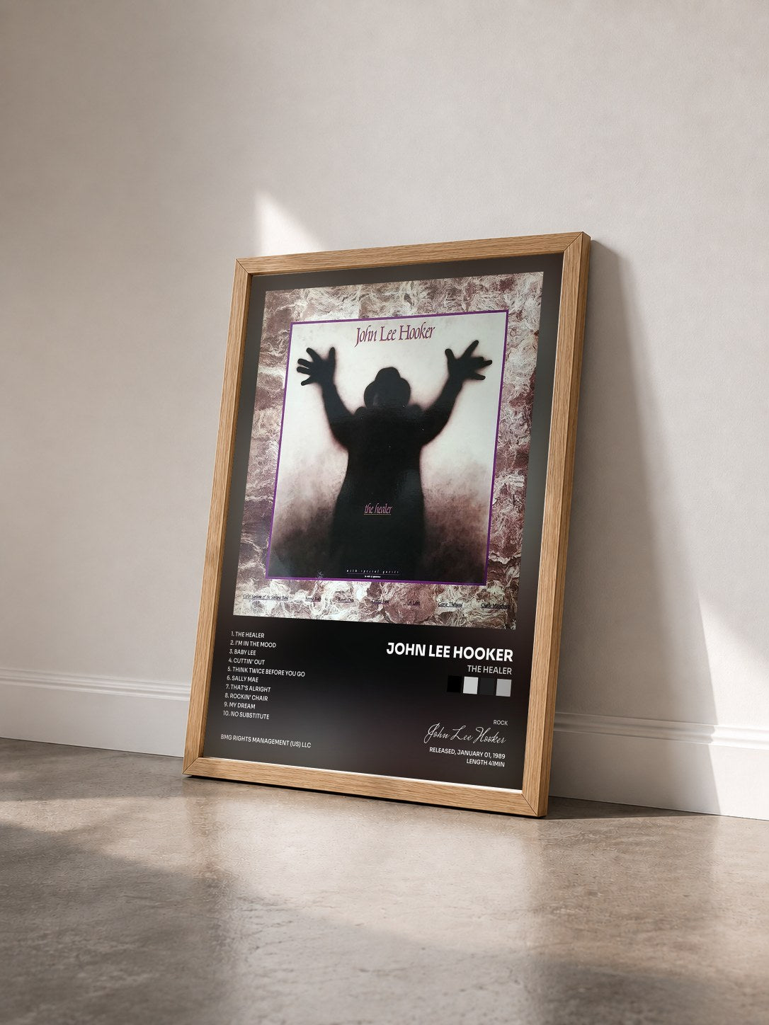 #bois Tableau de l'album The Healer de John Lee Hooker vu de trois quarts, cadre en bois brut