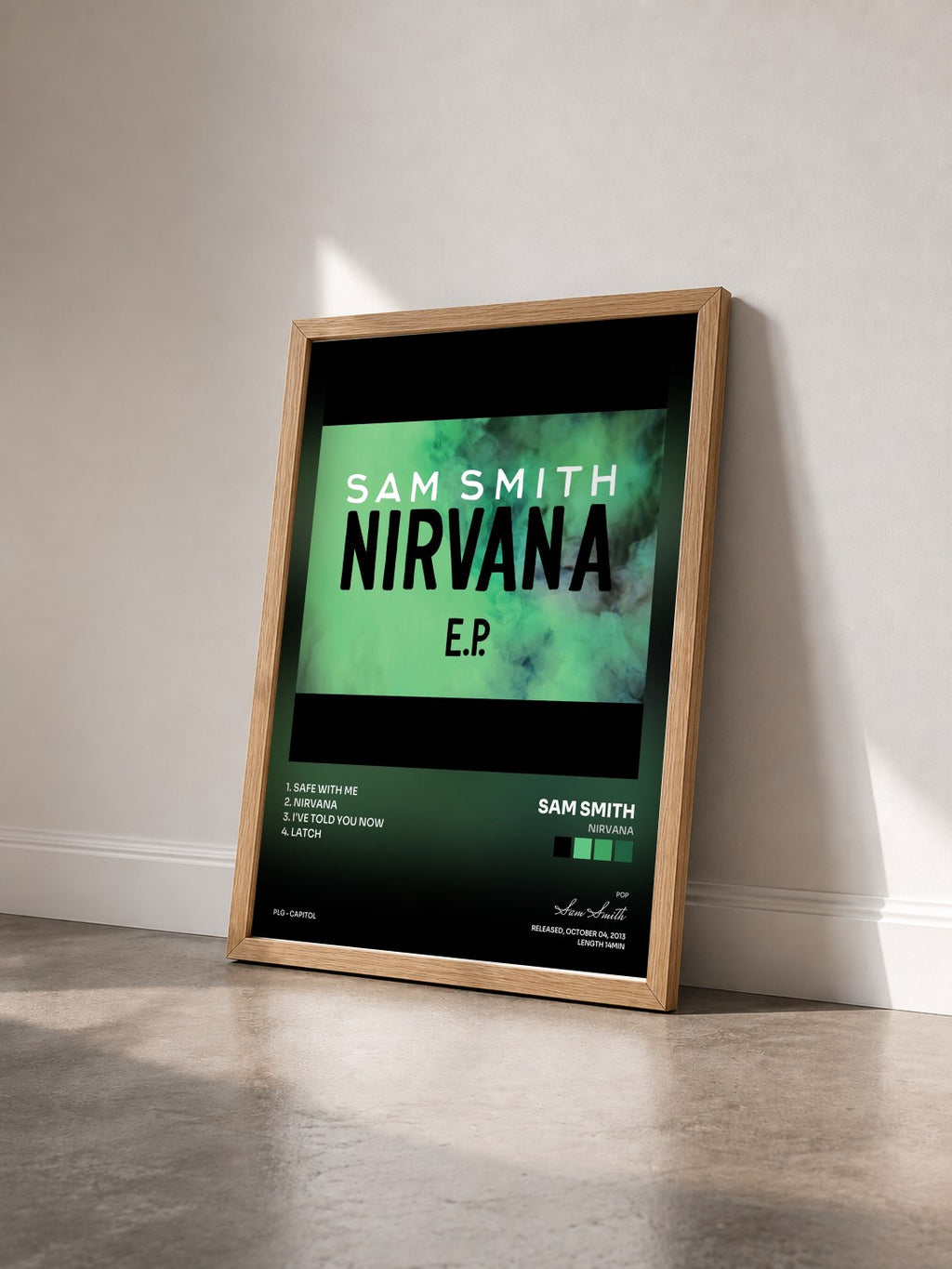 #bois Tableau de l'album Nirvana de Sam Smith vu de trois quarts, cadre en bois brut