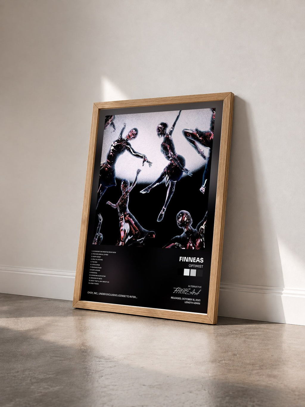 #bois Tableau de l'album Optimist de FINNEAS vu de trois quarts, cadre en bois brut