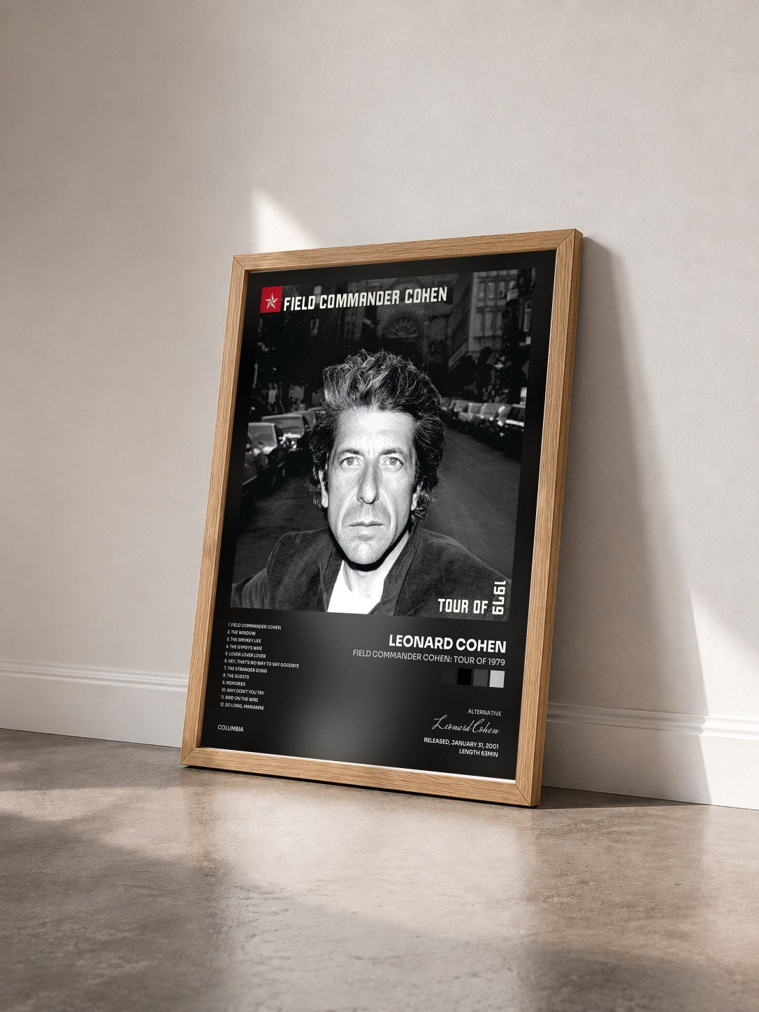 #bois Tableau de l'album Field Commander Cohen: Tour of 1979 de Leonard Cohen vu de trois quarts, cadre en bois brut