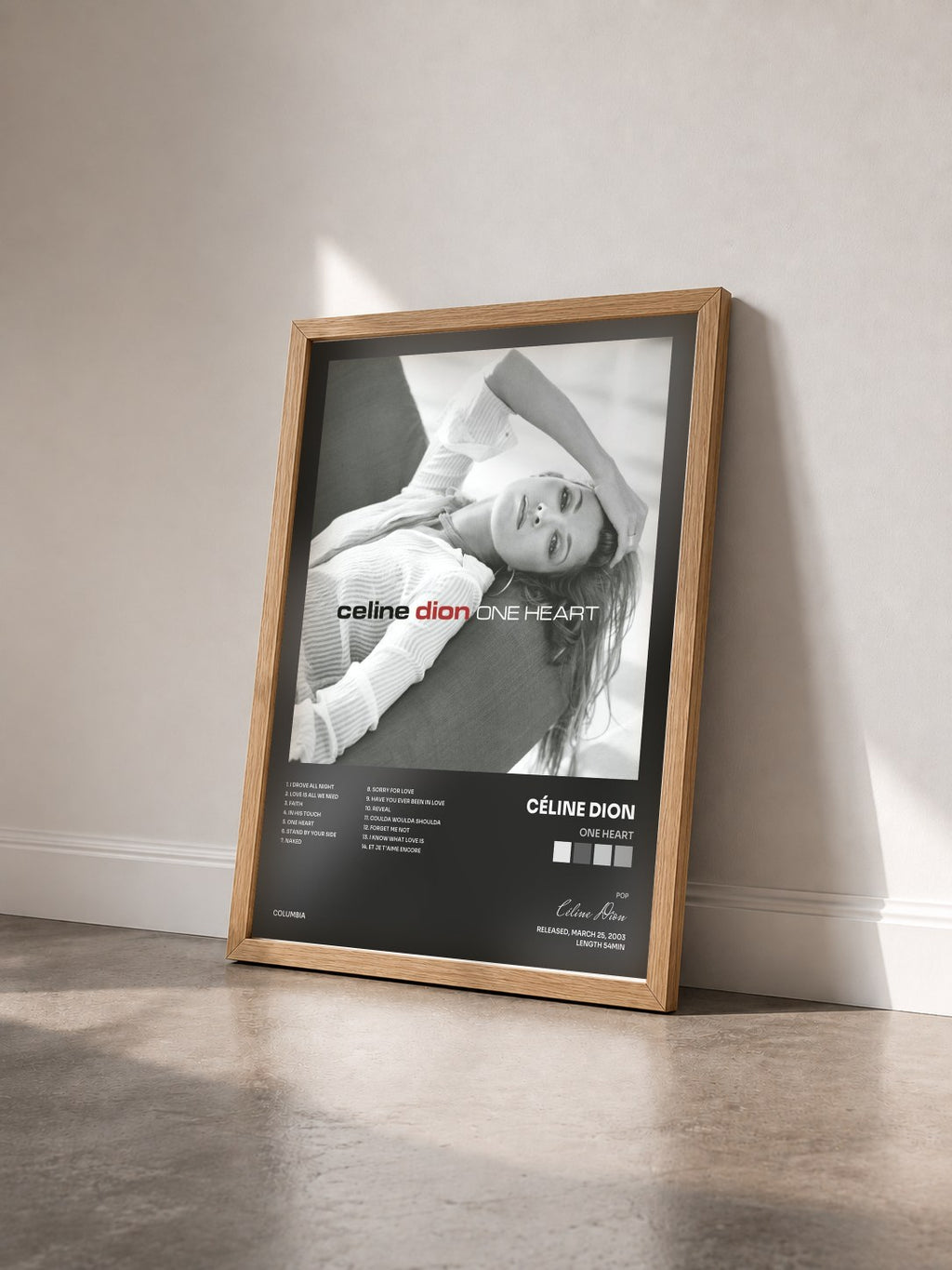 #bois Tableau de l'album One Heart de Céline Dion vu de trois quarts, cadre en bois brut