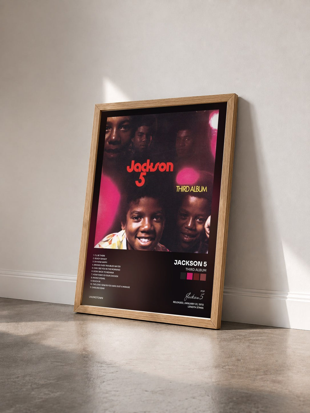 #bois Tableau de l'album Third Album de Jackson 5 vu de trois quarts, cadre en bois brut