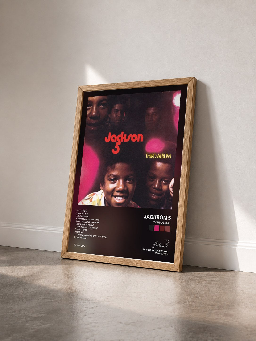 #bois Tableau de l'album Third Album de Jackson 5 vu de trois quarts, cadre en bois brut
