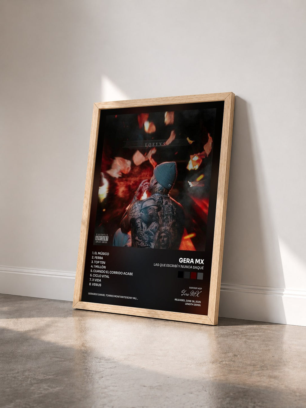 #bois Tableau de l'album Las Que Escribí y Nunca Saqué de Gera MX vu de trois quarts, cadre en bois brut